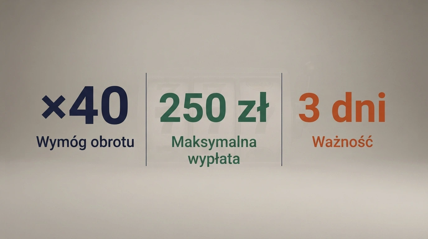 Zbliżenie na warunki bonusu: wymóg obrotu ×40, maksymalna wypłata 250 zł, ważność 3 dni — obok grafika prezentująca liczbę darmowych spinów