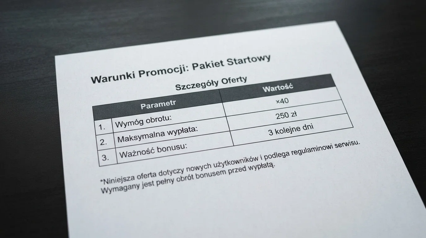 Zbliżenie na tabelę warunków promocji w regulaminie kasyna: wymóg obrotu ×40, maksymalna wypłata 250 zł, termin ważności 3 dni
