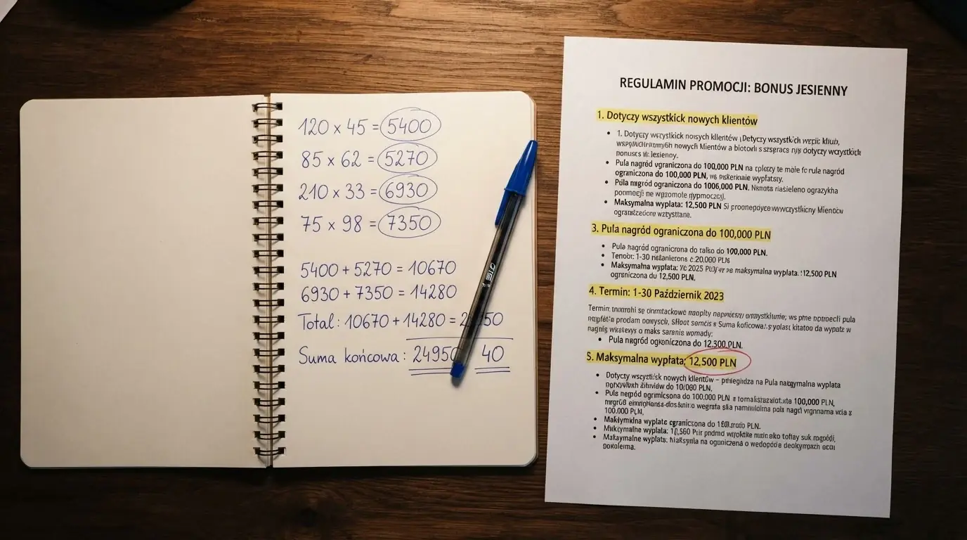 Zbliżenie na fragment regulaminu bonusu z podkreślonym warunkiem obrotu i limitem wypłaty, obok kalkulator i długopis