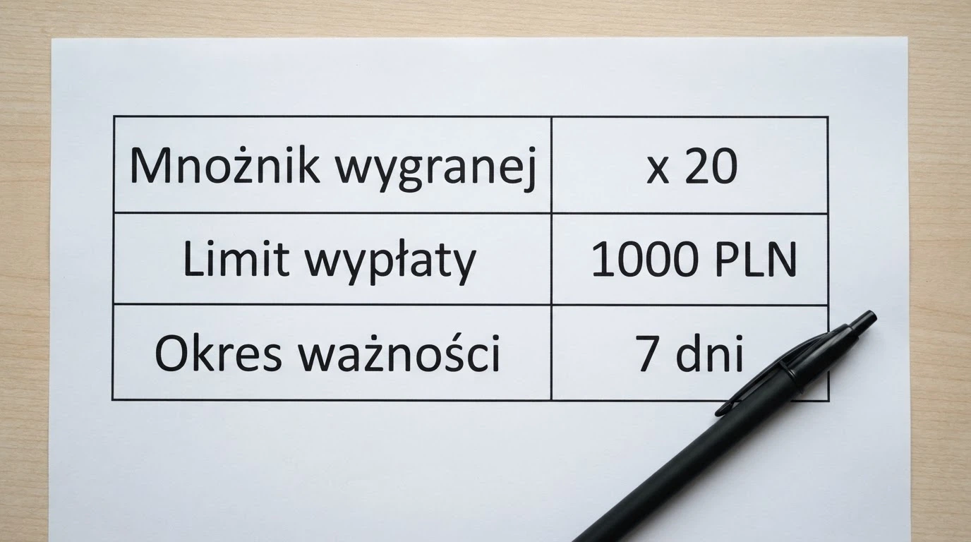 Zbliżenie na tabelę warunków bonusu w regulaminie kasyna — widoczne pola: wymóg obrotu, maksymalna wypłata i termin ważności