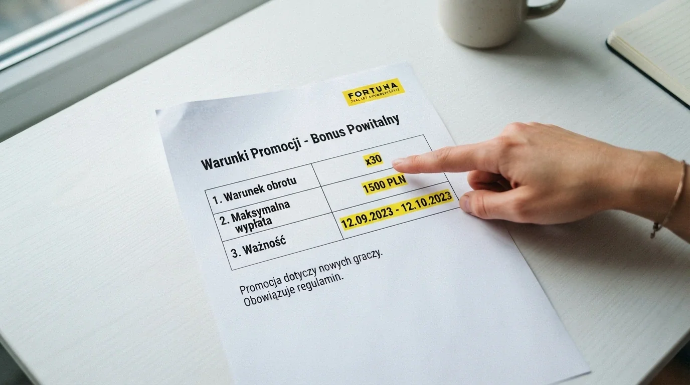Zbliżenie na fragment regulaminu promocji kasyna online — widoczne pola: warunek obrotu (wager), maksymalna wypłata i data ważności bonusu
