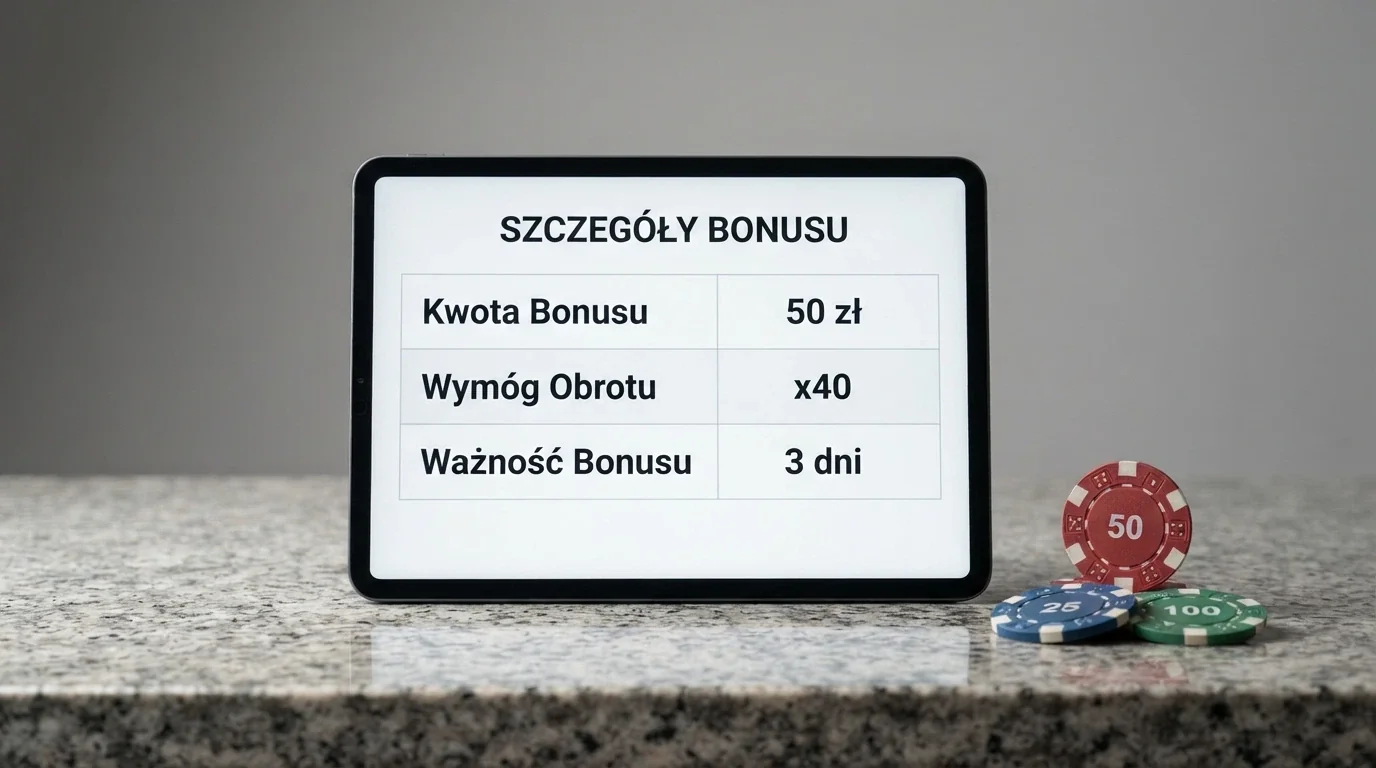 Plansza z warunkami bonusu: kwota, mnożnik obrotu, liczba dni ważności — wypisane czytelnie obok symbolicznego stosu żetonów